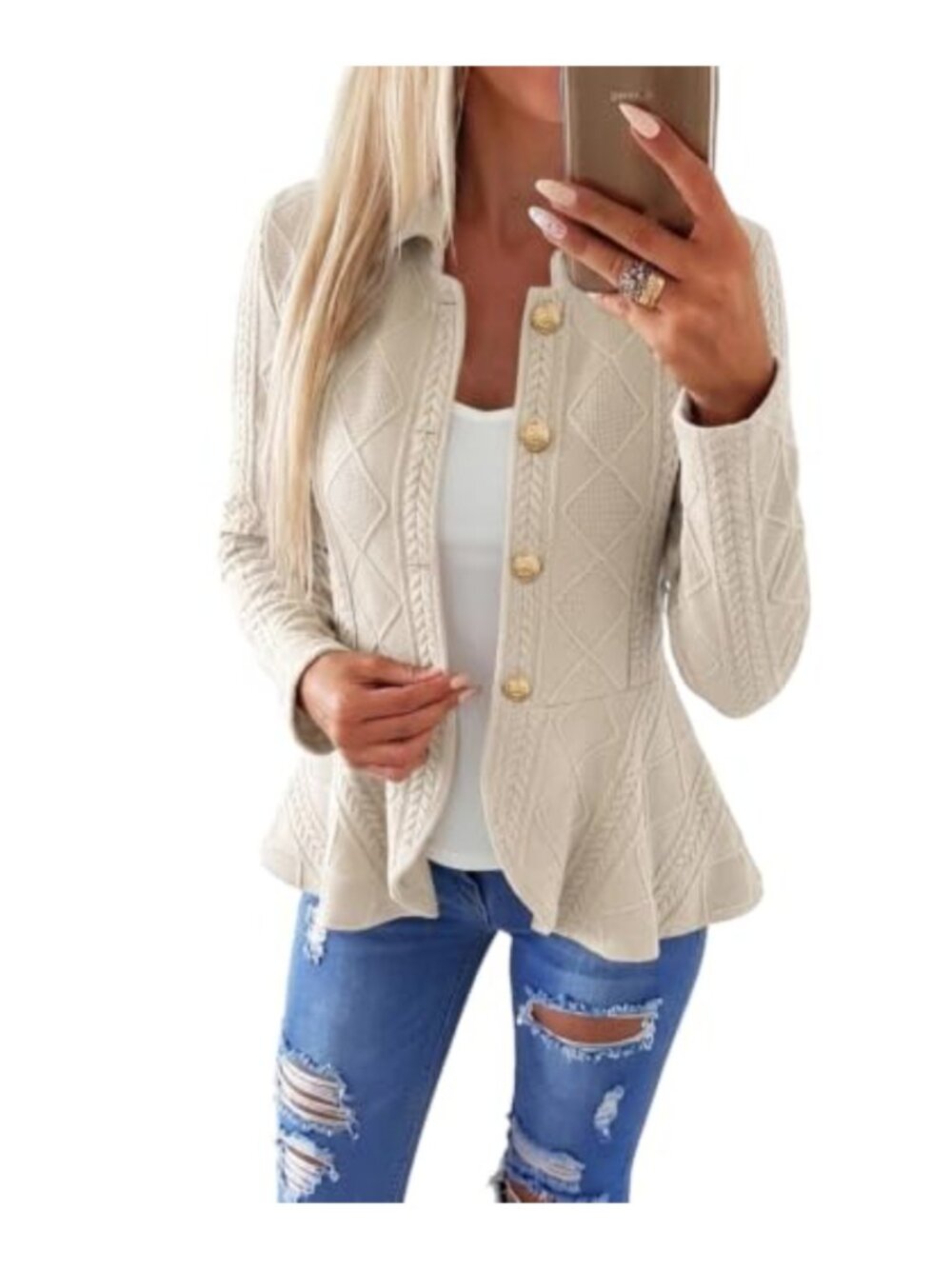 Cable Knit Button Front Cardigan Ruffle Hem Asymmetrical Sweater